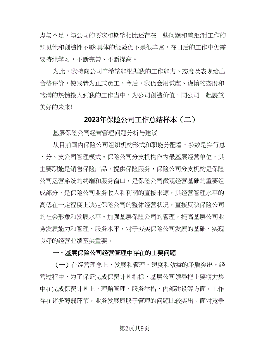 2023年保险公司工作总结样本（二篇）.doc_第2页