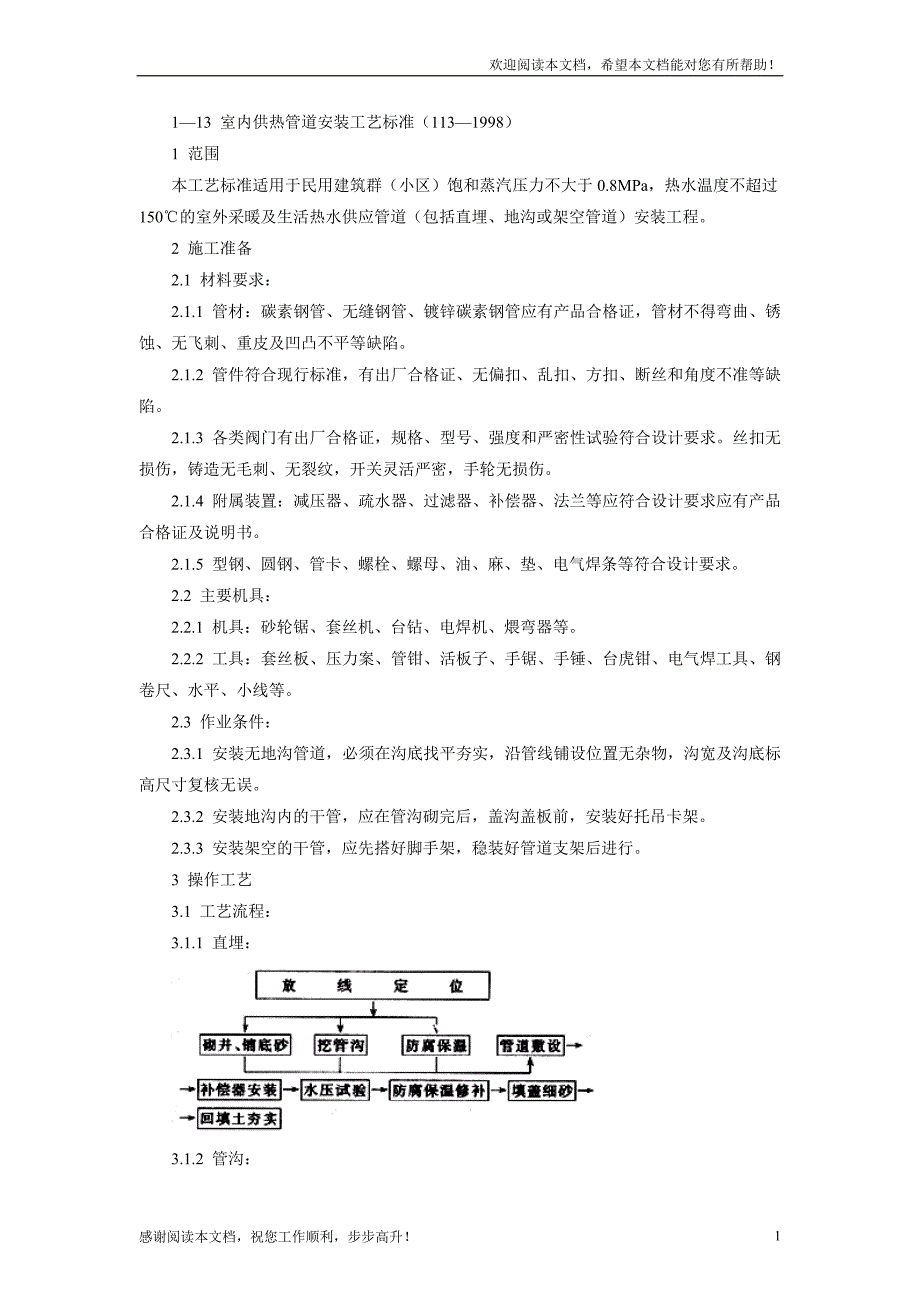 室内供热管道安装工艺标准介绍_第1页