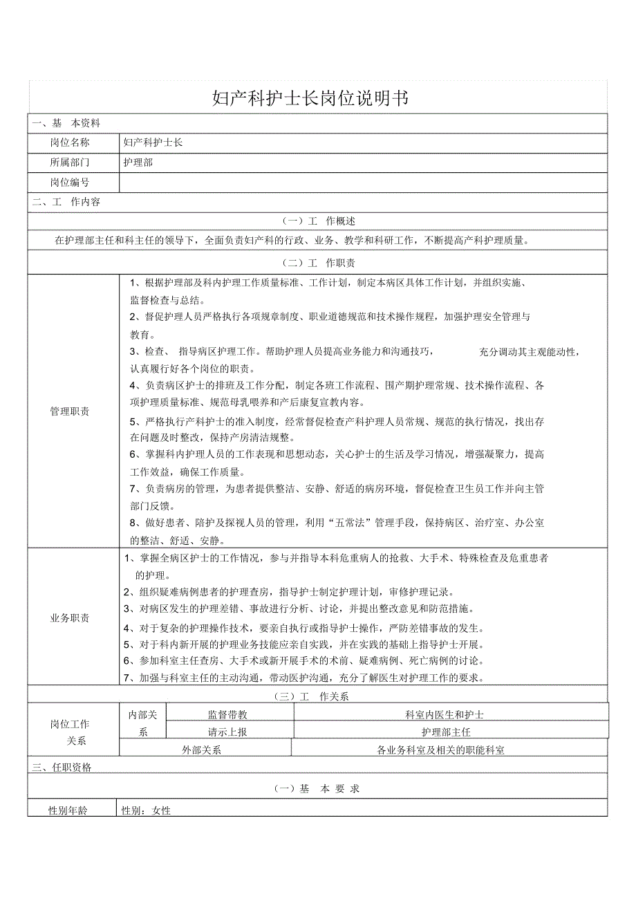 妇产科岗位说明书_第1页