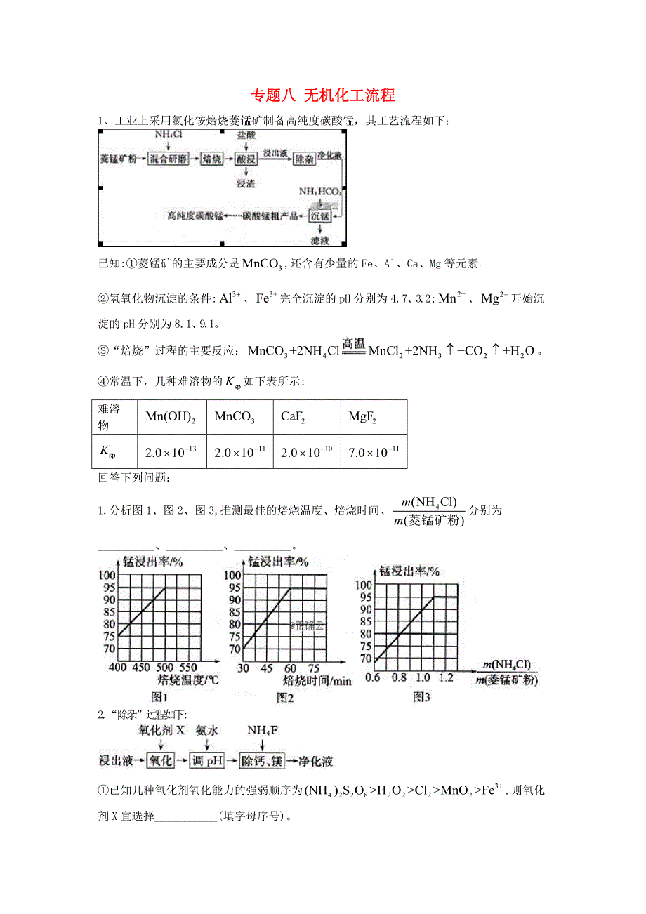 2020届高考化学二轮复习专题八无机化工流程含解析_第1页