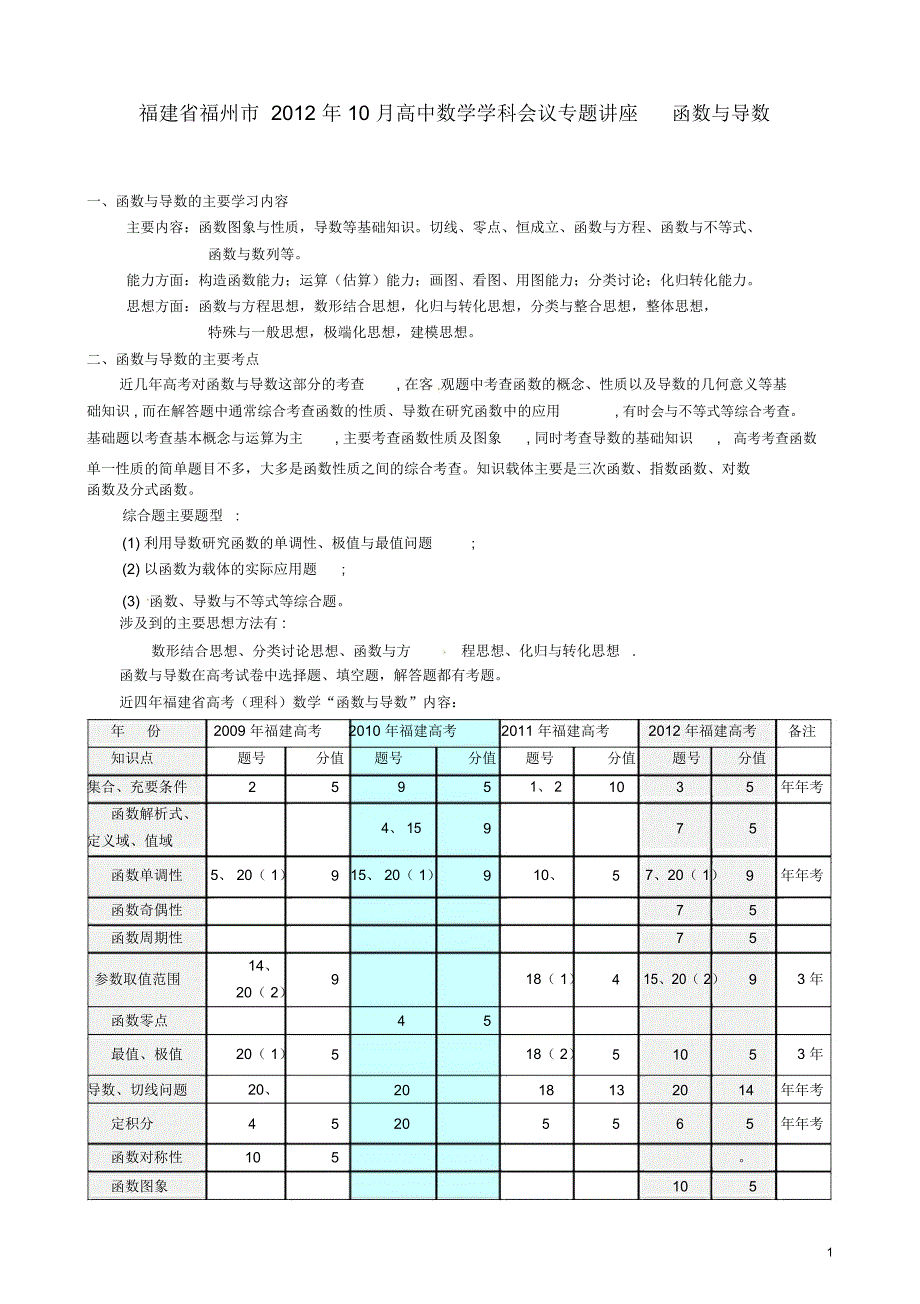 福建省福州市2012年10月高中数学学科会议专题讲座函数与导数新人教版_第1页