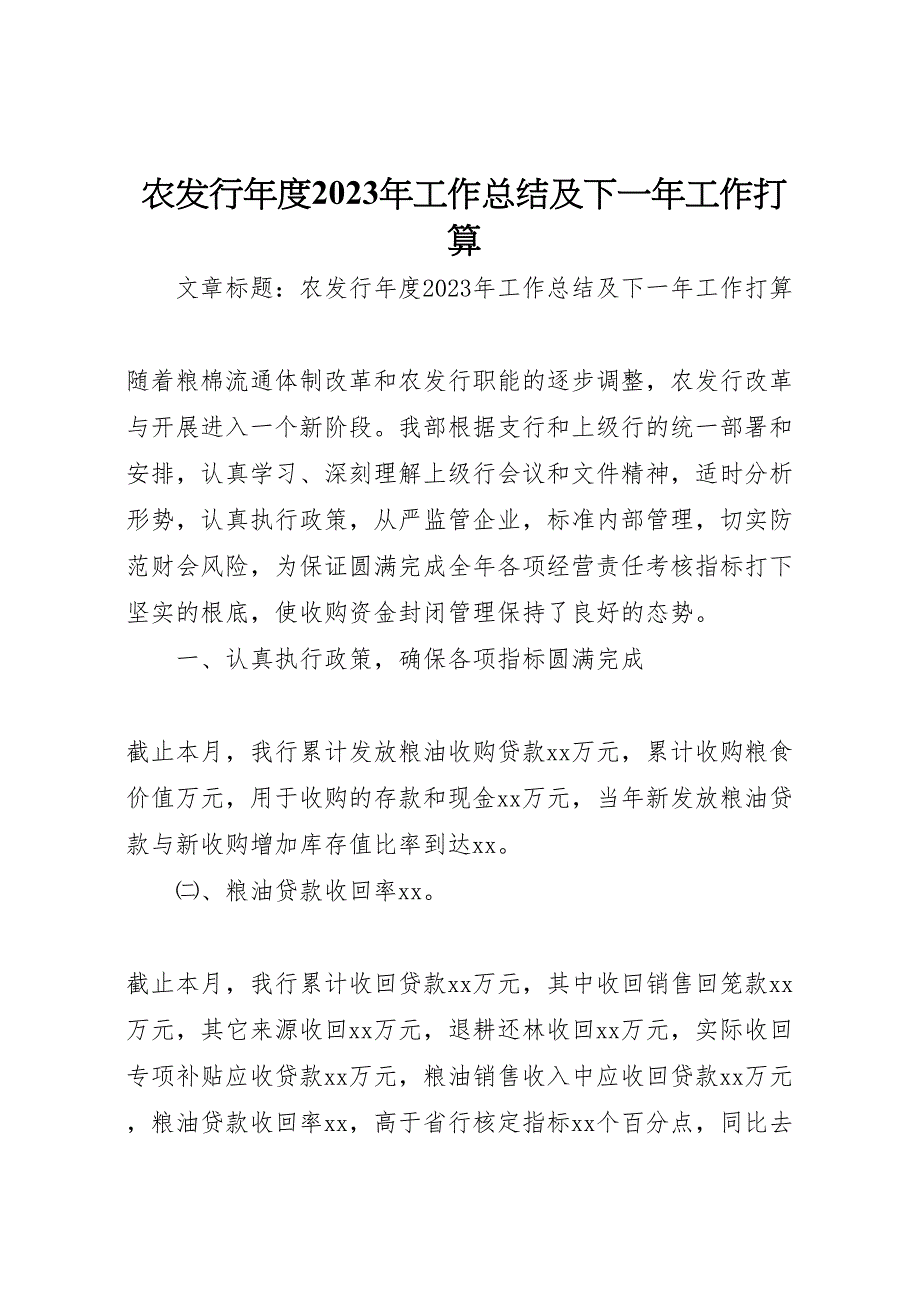 2023年农发行年度工作汇报总结及下一年工作打算.doc_第1页