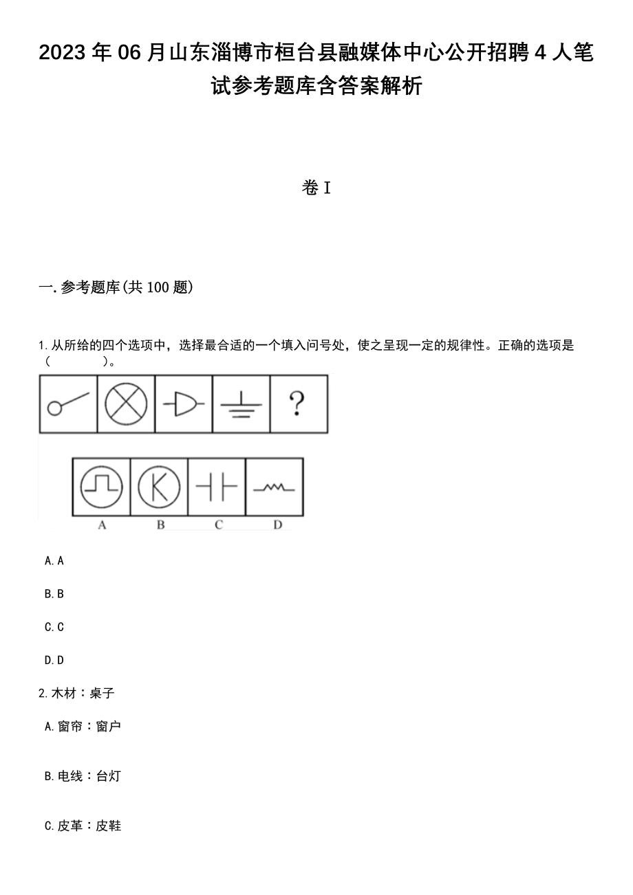 2023年06月山东淄博市桓台县融媒体中心公开招聘4人笔试参考题库含答案解析_1_第1页