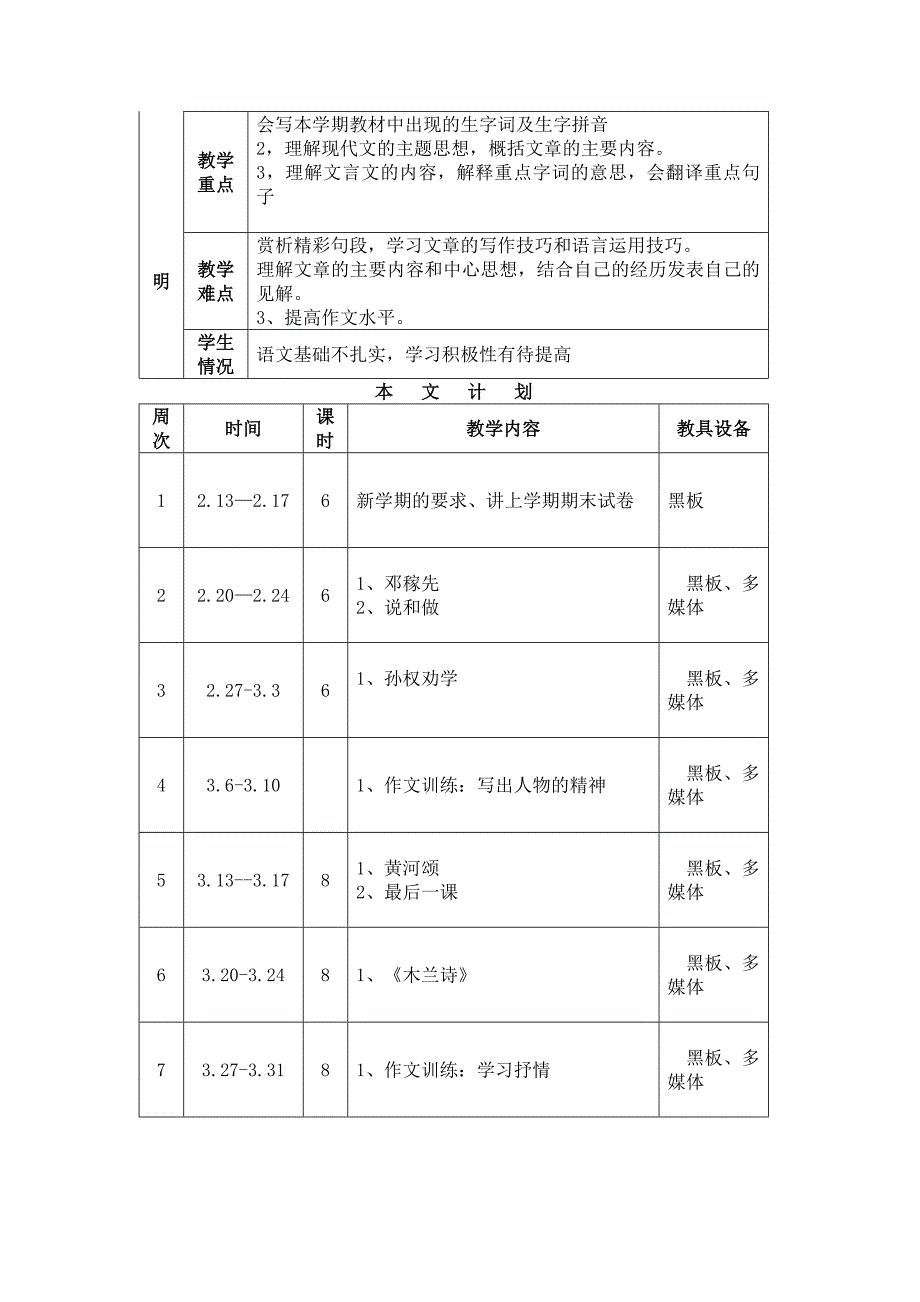 2016——2017人教版七年级语文下册教学计划进度表格_第3页