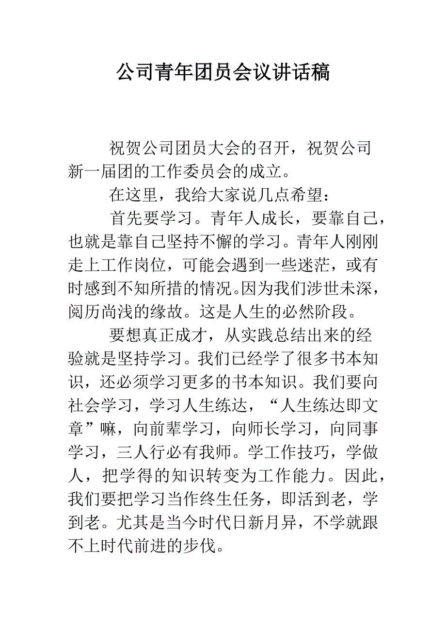 公司青年团员会议讲话稿.doc_第1页