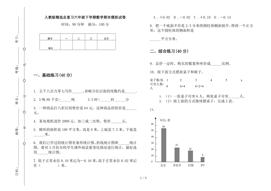 人教版精选总复习六年级下学期数学期末模拟试卷.docx_第1页