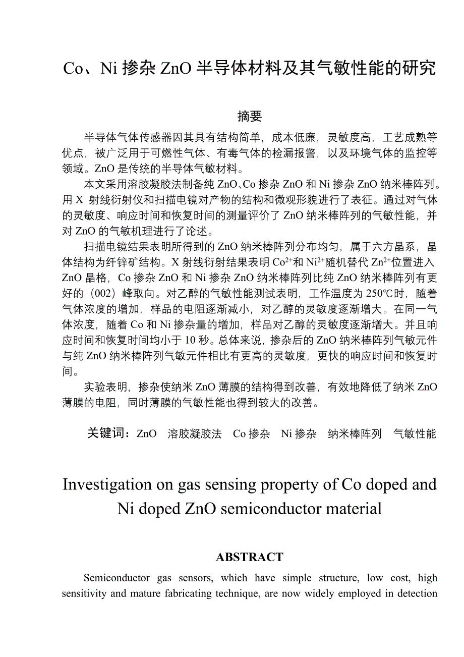 毕业设计（论文）Co、Ni掺杂ZnO半导体材料及其气敏性能的研究_第1页