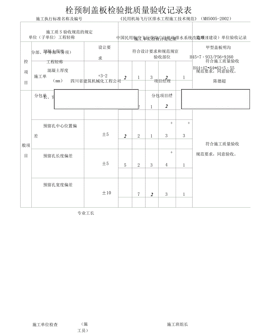 预制盖板检验批质量验收记录表_第1页