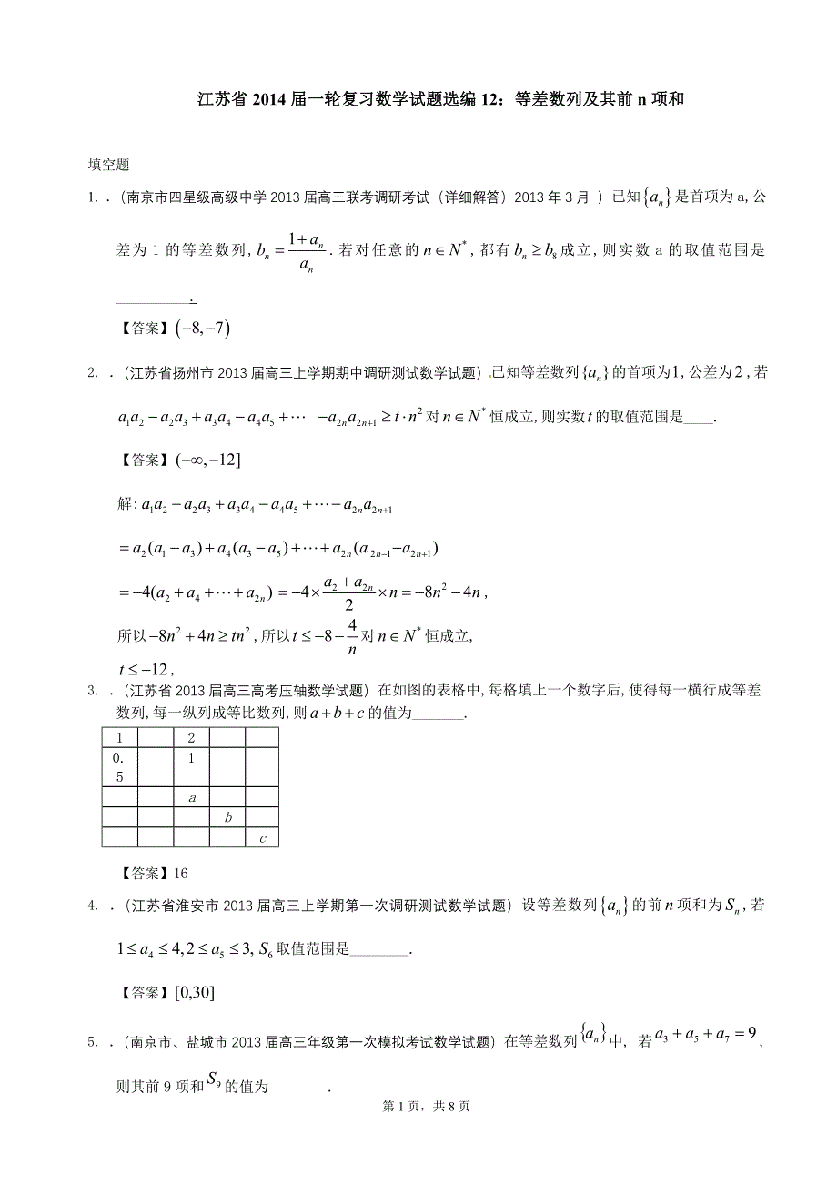 江苏省2014届一轮复习数学试题选编12：等差数列及其前n项和（教师版）.doc_第1页