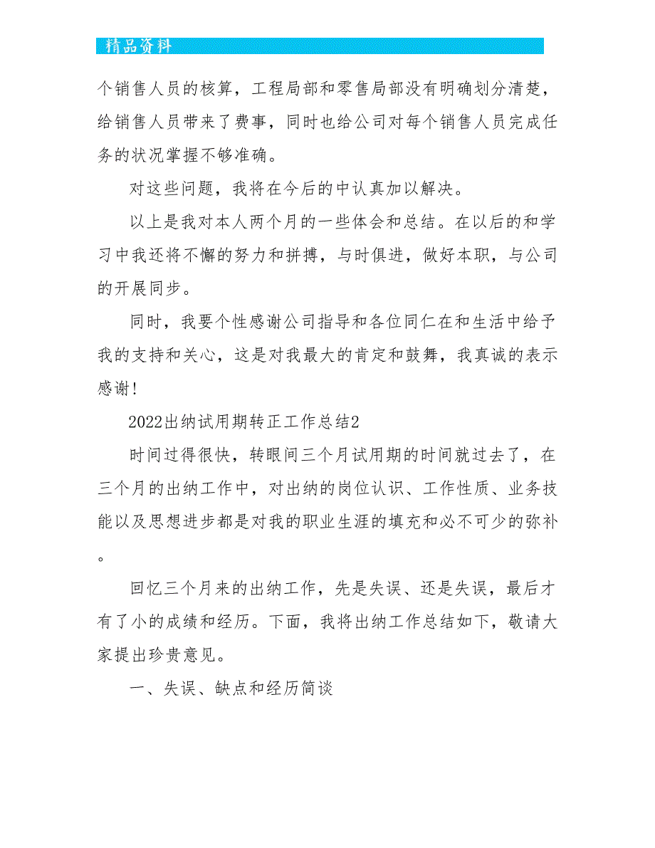 2022出纳试用期转正工作总结5篇_第3页