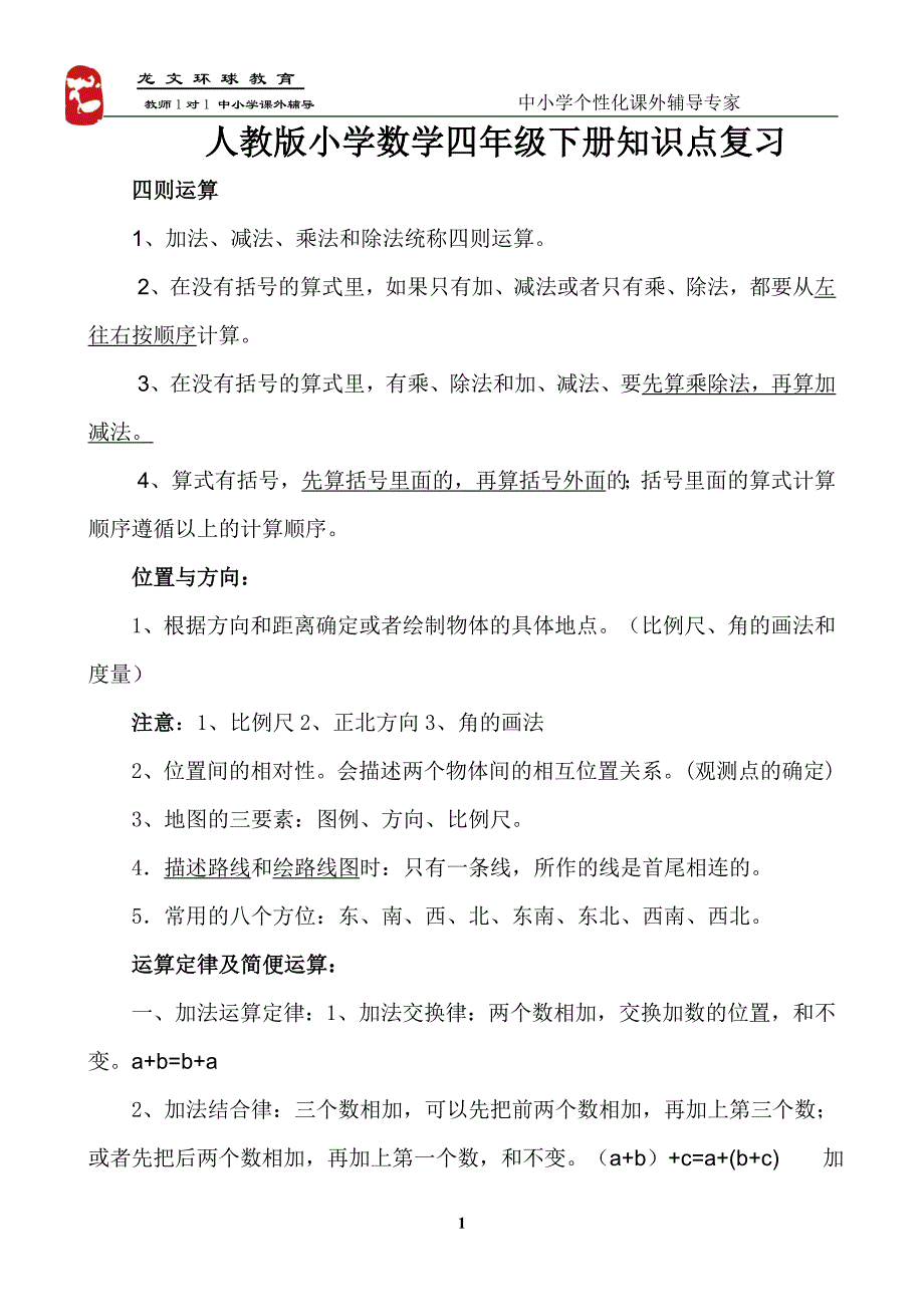 小学数学四年级下册知识点复习资料集(人教版)_第1页