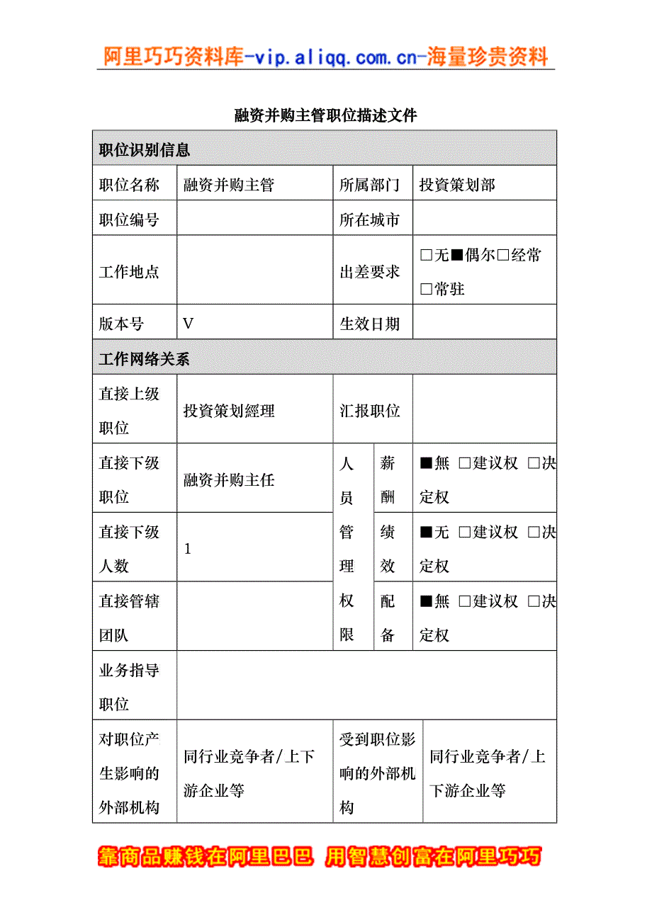 融资并购主管岗位说明书_第1页