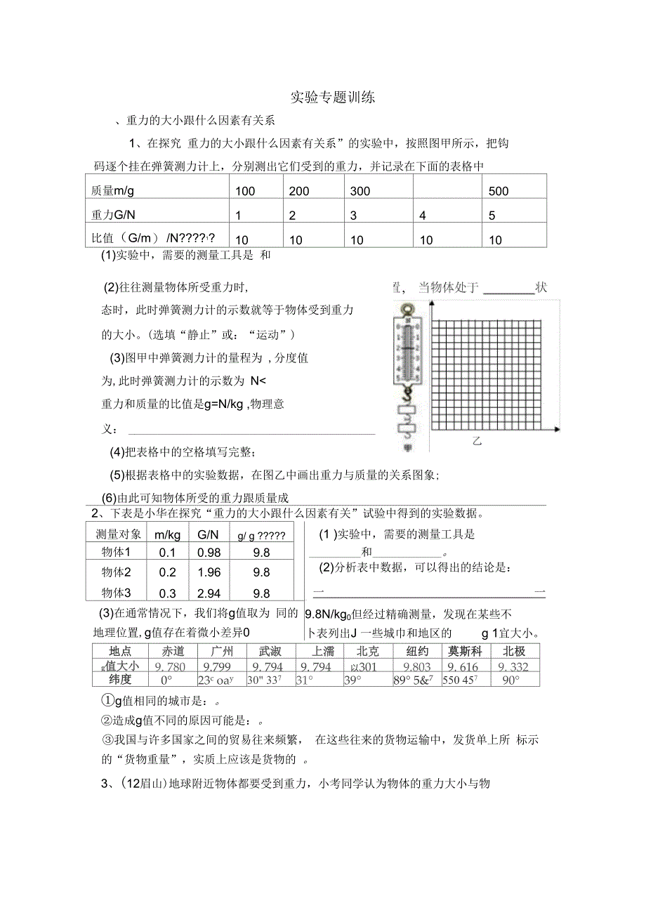 2017年新人教版八年级下册物理实验专题练习_第1页