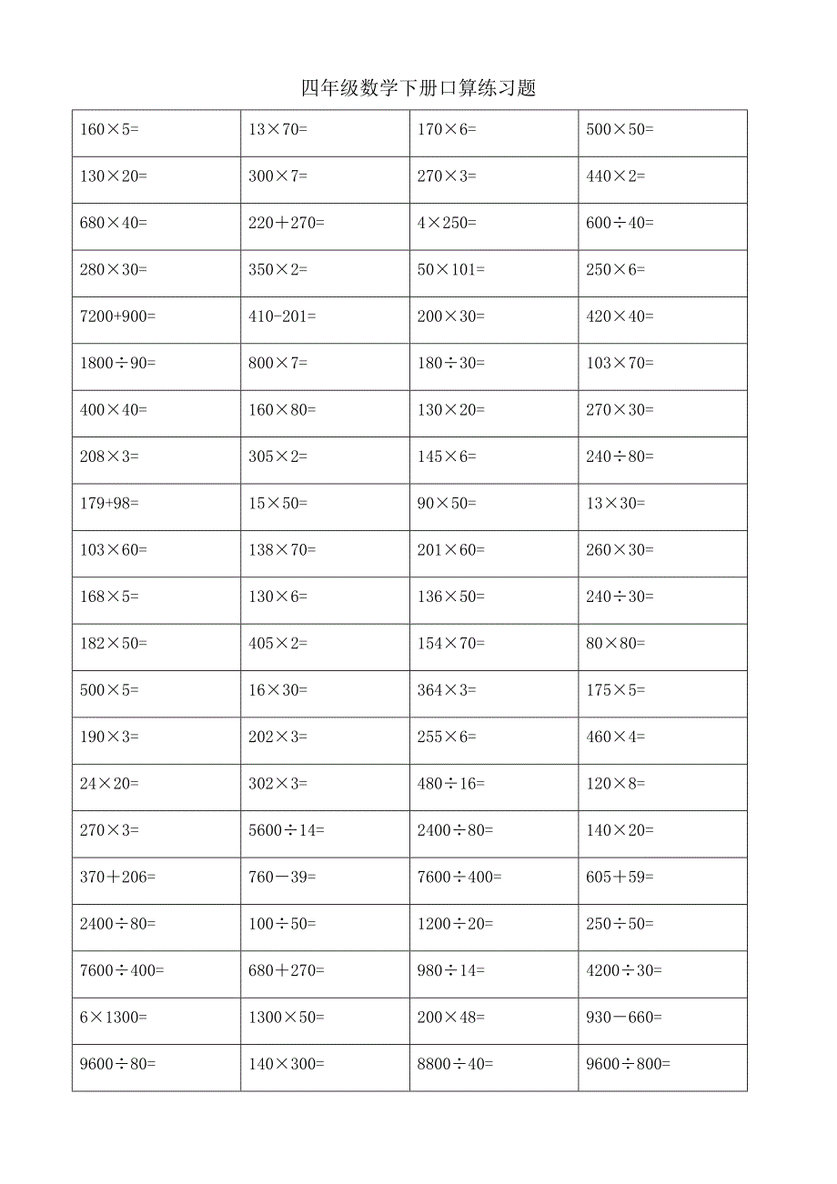 苏教版四年级数学下册期末复习口算练习_第1页