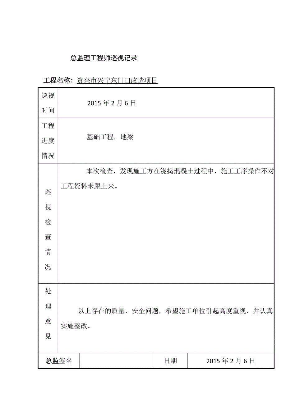 2023年总监理工程师巡视记录_第2页