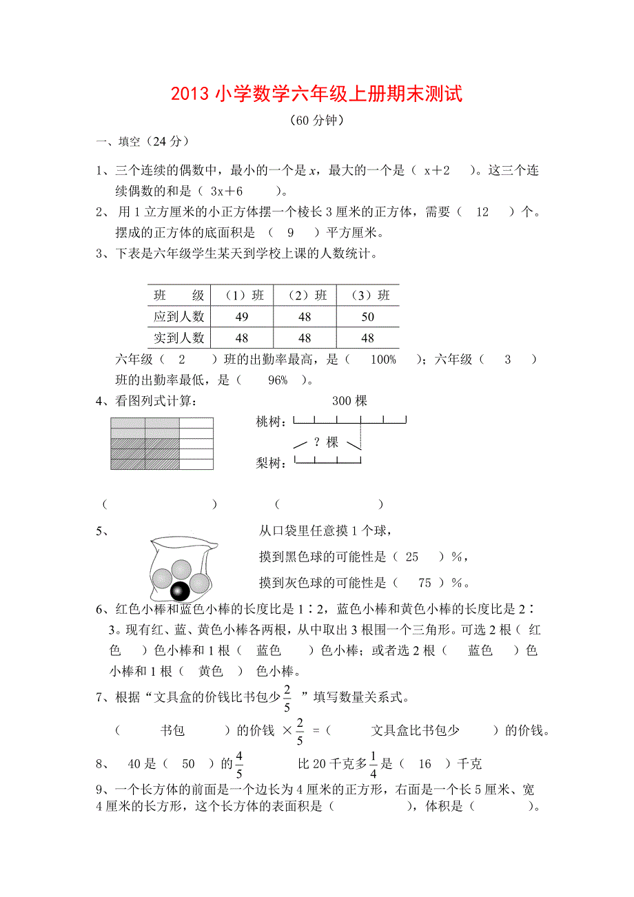 2014六年级数学期末考试试卷及答案_第1页