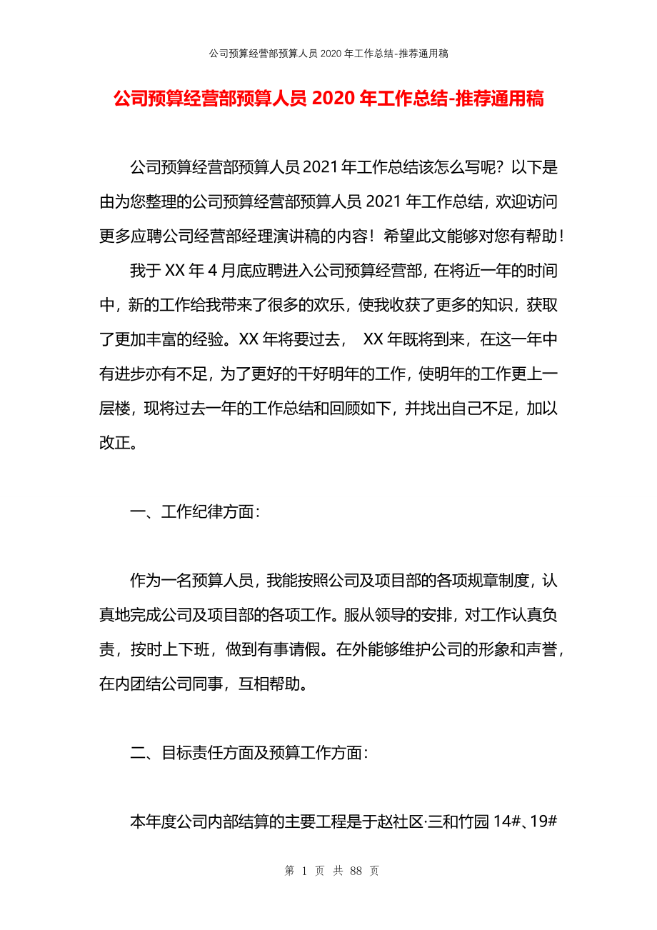 公司预算经营部预算人员2020年工作总结_第1页