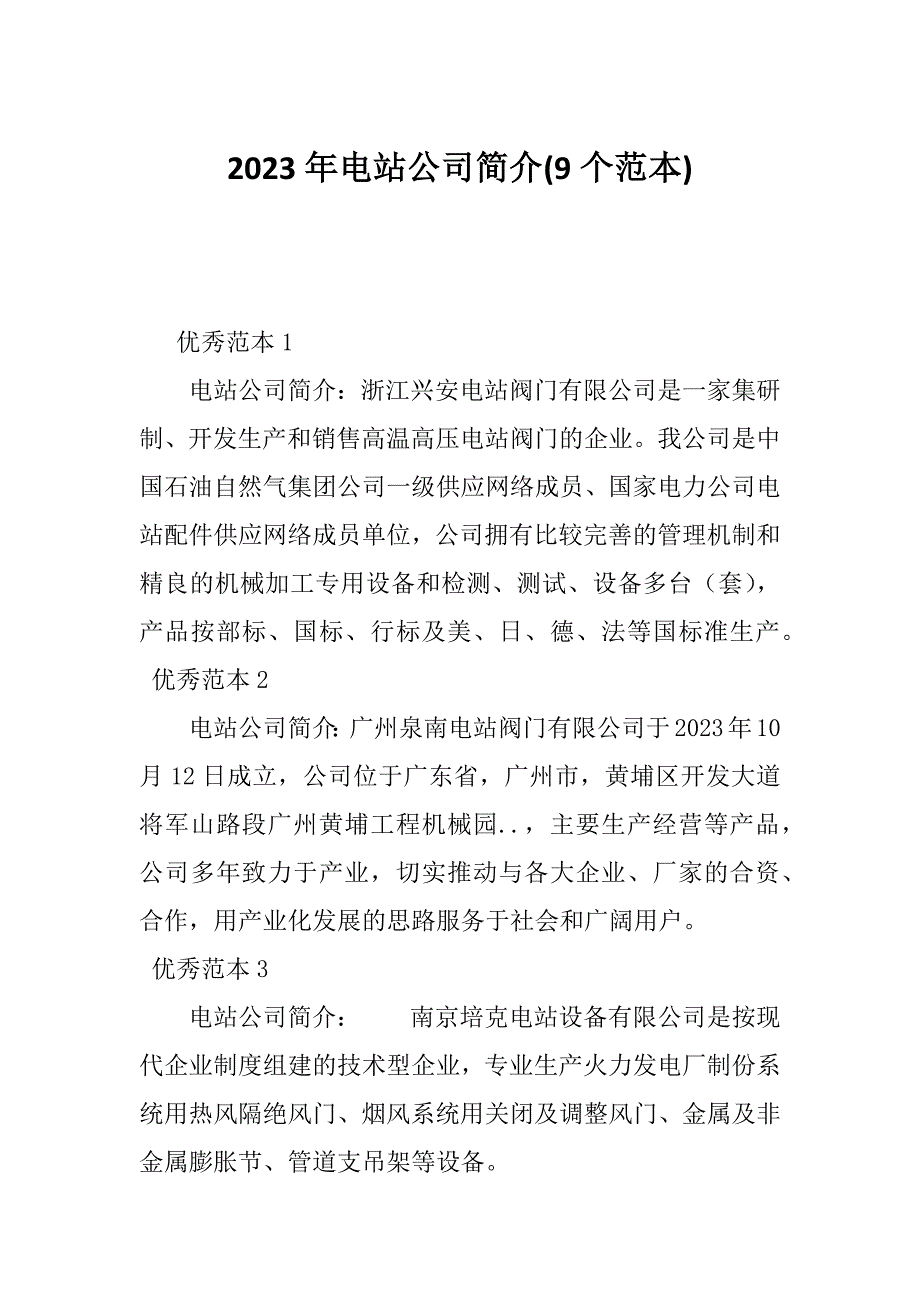 2023年电站公司简介(9个范本)_第1页