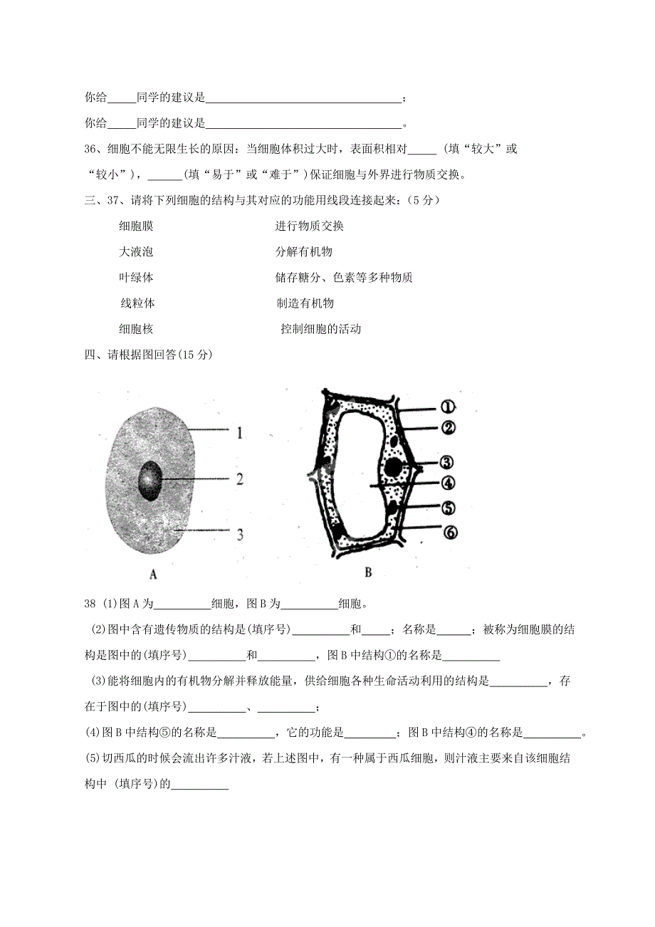 贵州省大方县第四中学七年级生物上学期期中试题无答案_第4页