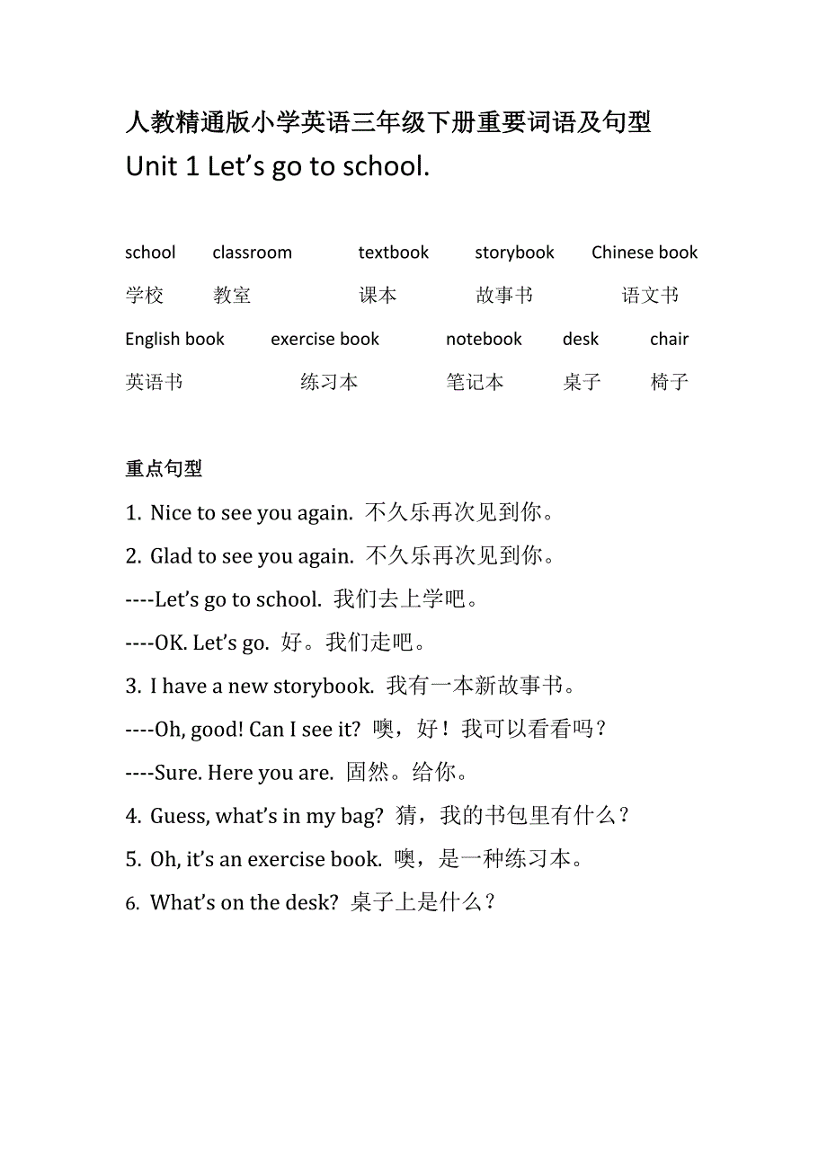 人教精通版小学英语三年级下册(重点词语及句型汇总)_第1页