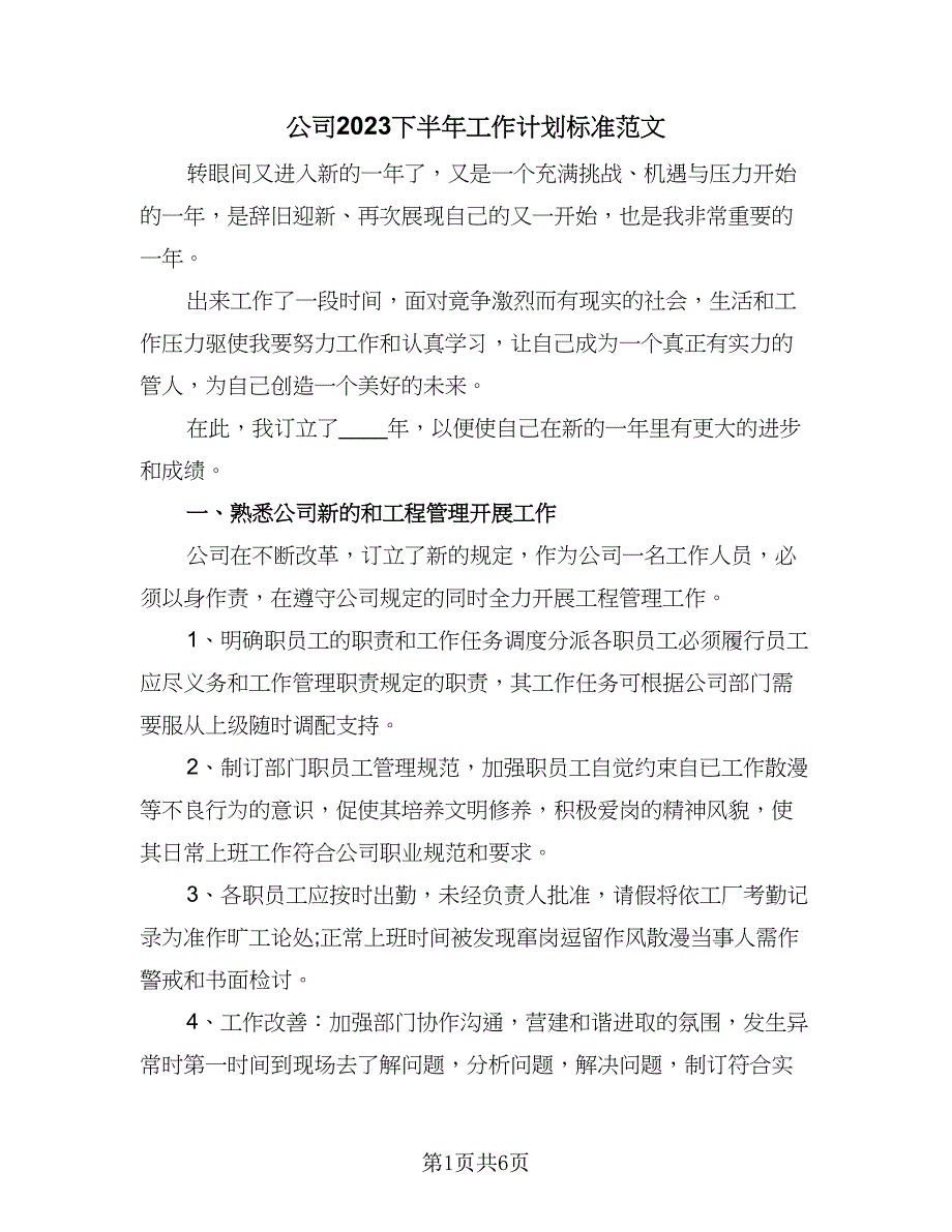 公司2023下半年工作计划标准范文（2篇）.doc_第1页