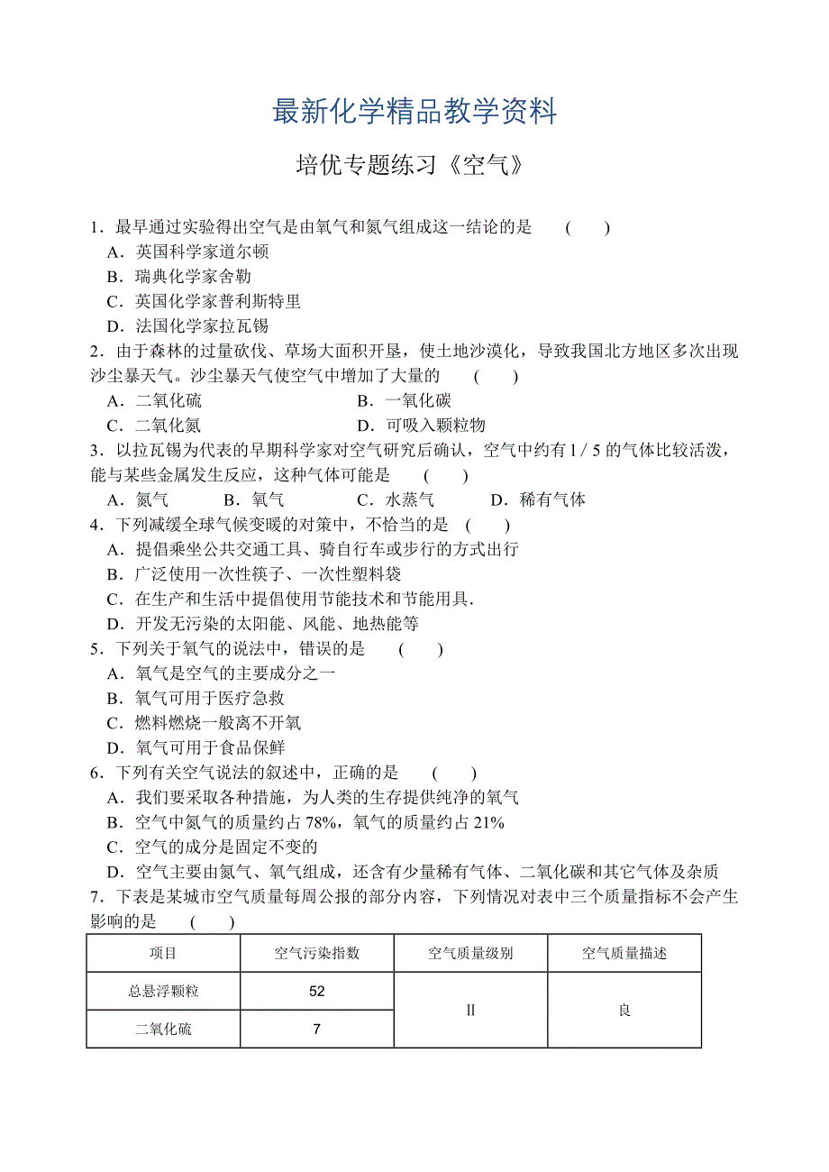 最新沪教版九年级化学专题汇编：空气培优专题练习_第1页