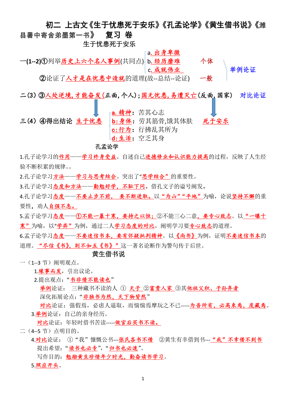 《生于忧患死于安乐》《孔孟论学》《黄生借书说》《潍县署中寄舍弟墨第一书》练习及答案_第1页