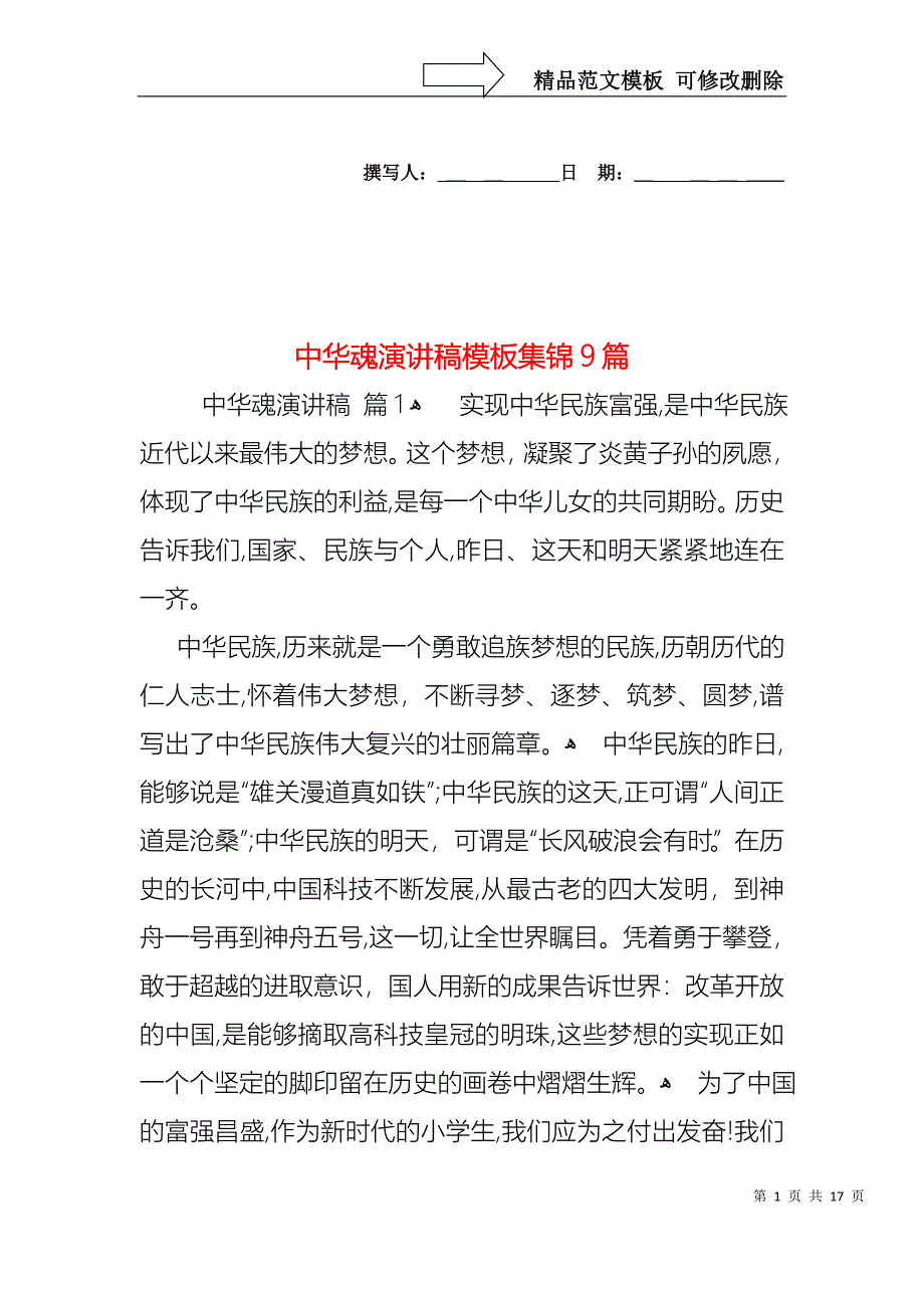 中华魂演讲稿模板集锦9篇_第1页