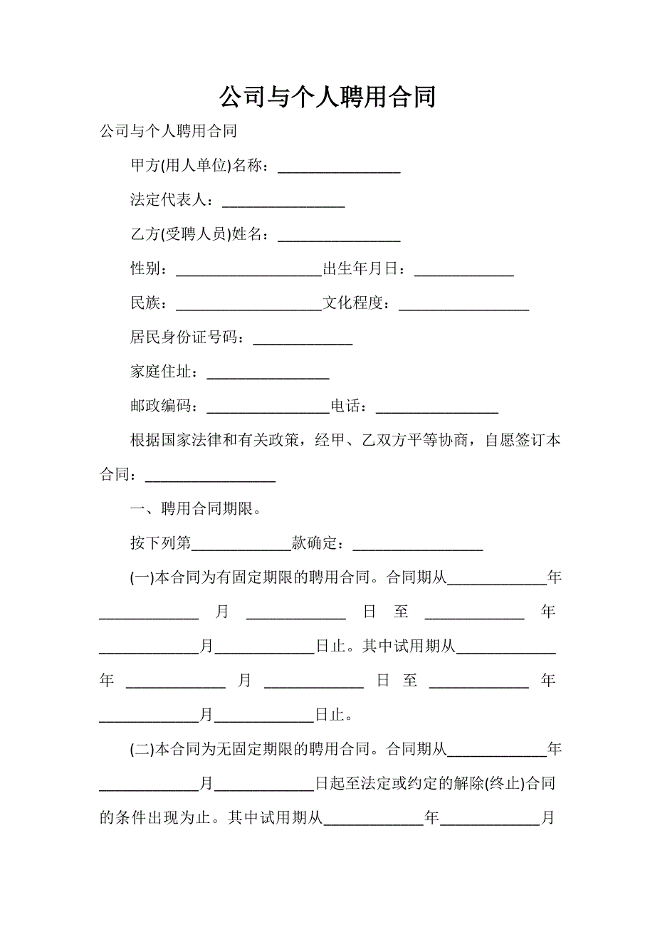 公司与个人聘用合同_第1页