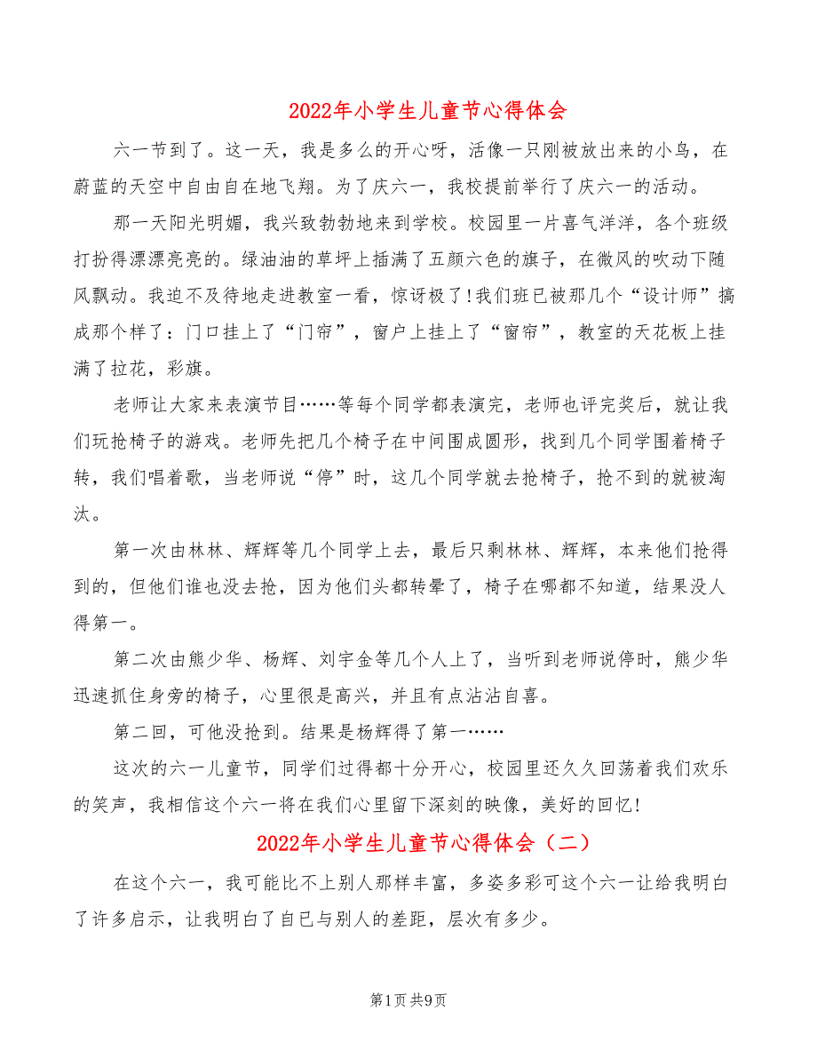 2022年小学生儿童节心得体会_第1页