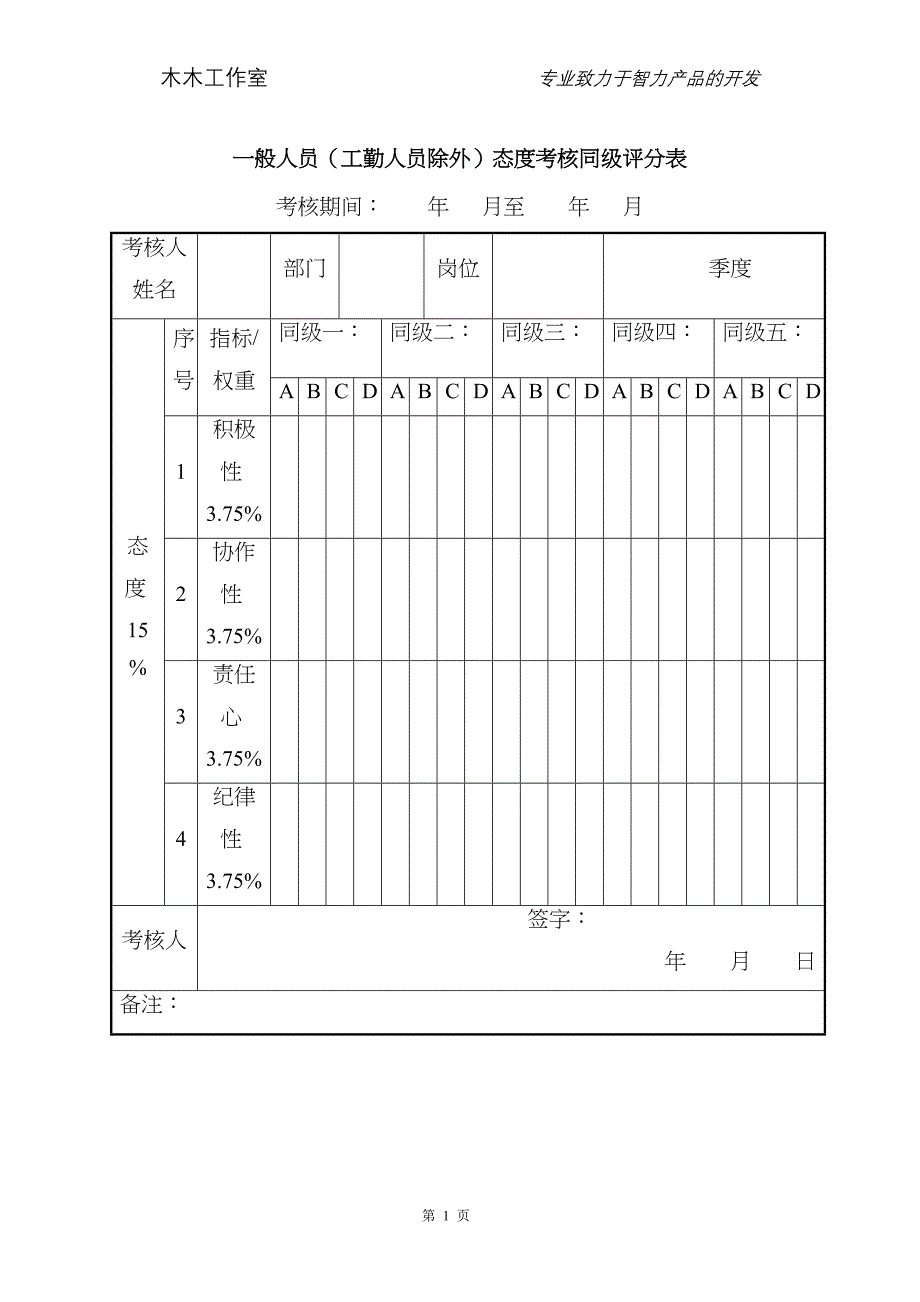 一般人员（工勤人员除外）态度考核同级评分表_第1页