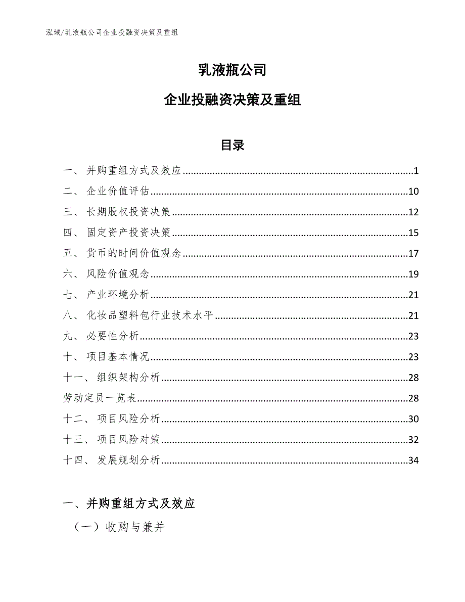 乳液瓶公司企业投融资决策及重组（参考）_第1页