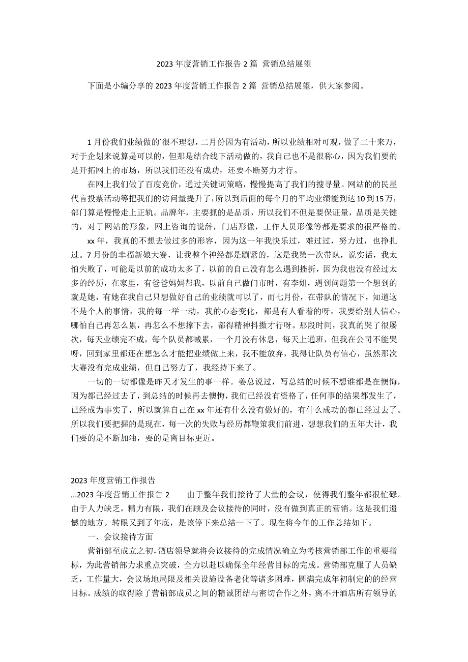 2023年度营销工作报告2篇 营销总结展望_第1页