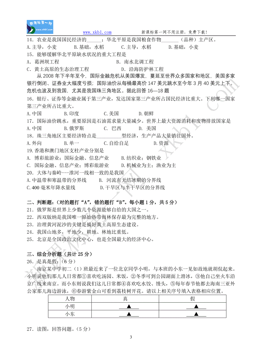 2009年初中地理会考模拟试卷_第3页