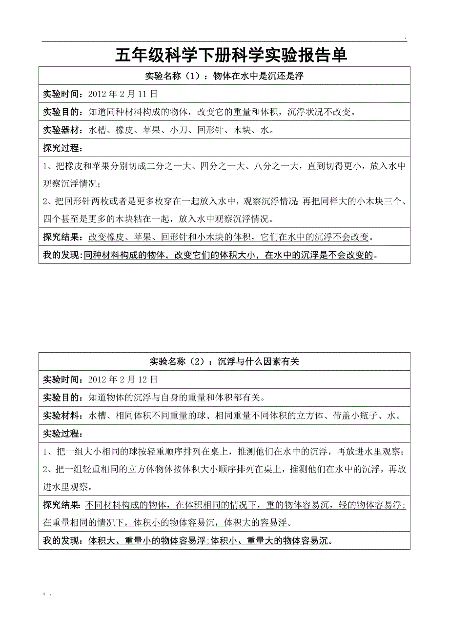 教科版五年级下册科学实验报告单_第1页