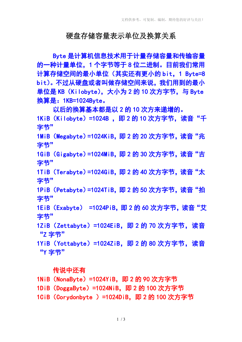 硬盘存储容量表示单位及换算关系表_第1页