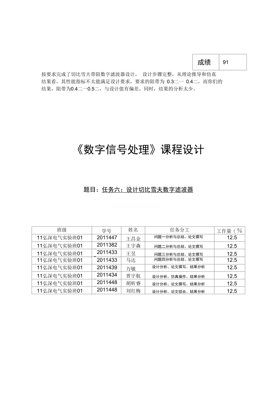 1带阻6-11级电气弘深班-01组-题号06-设计切比雪夫数字滤波器解析_第1页