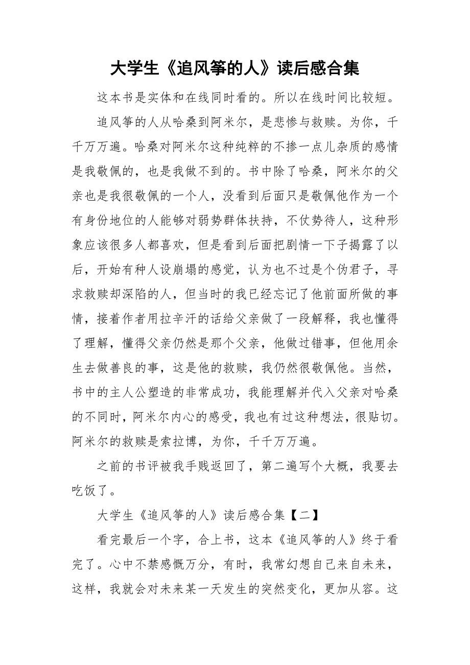 大学生《追风筝的人》读后感合集.doc_第1页