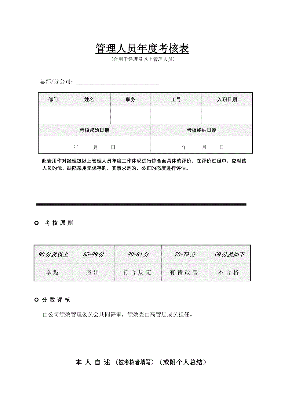 管理人员及员工年度测评表_第1页