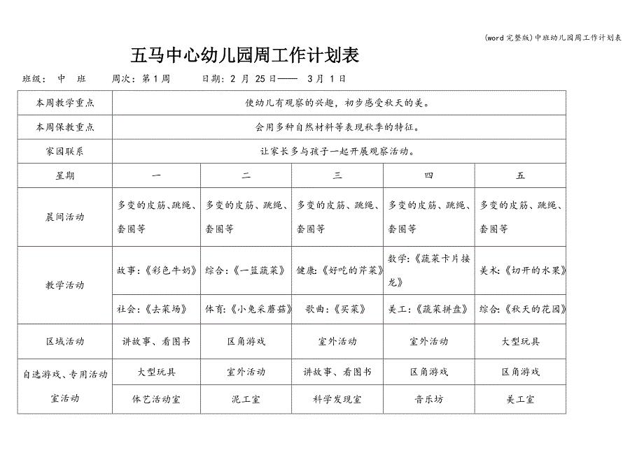 (word完整版)中班幼儿园周工作计划表.doc