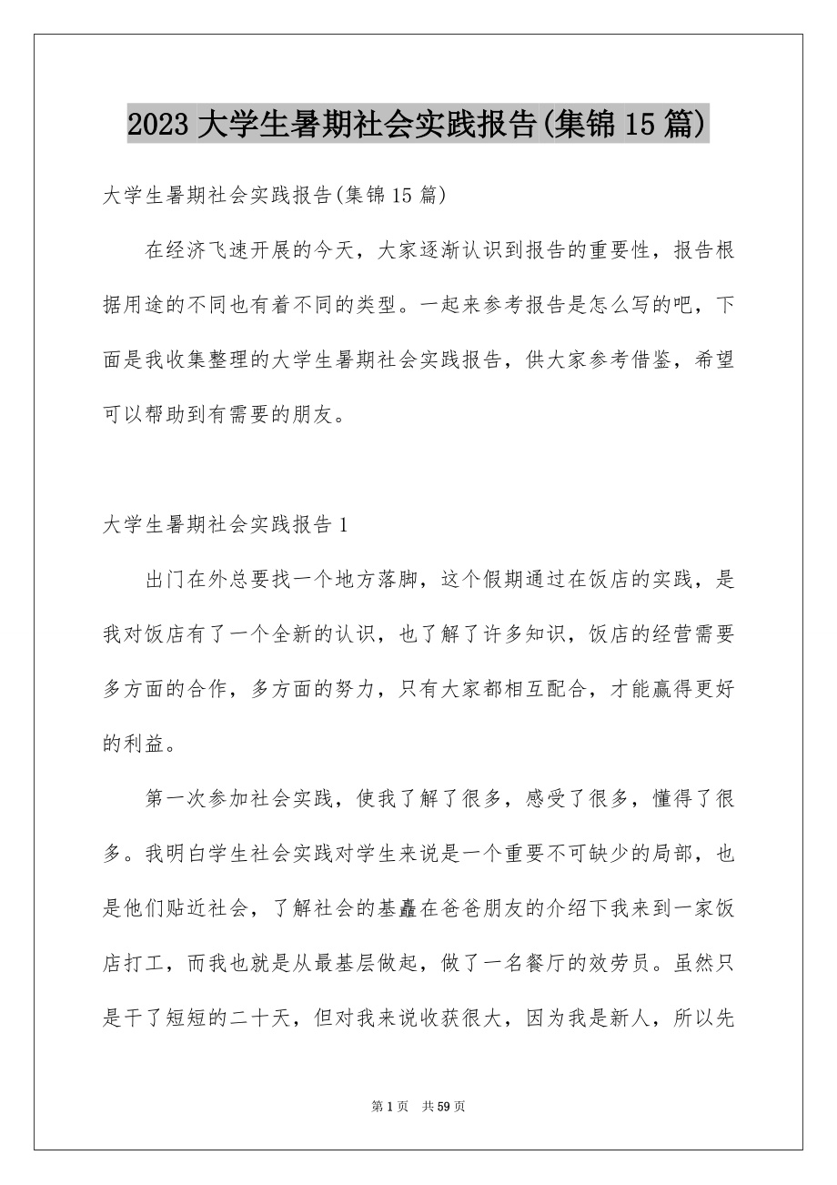 2023年大学生暑期社会实践报告(集锦15篇).docx_第1页