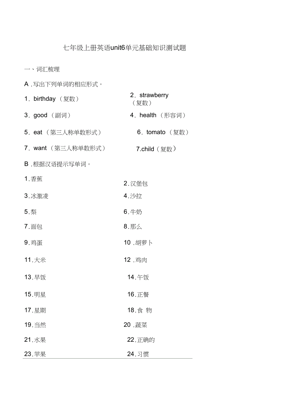 七年级上册英语unit6单元基础知识测试题_第1页