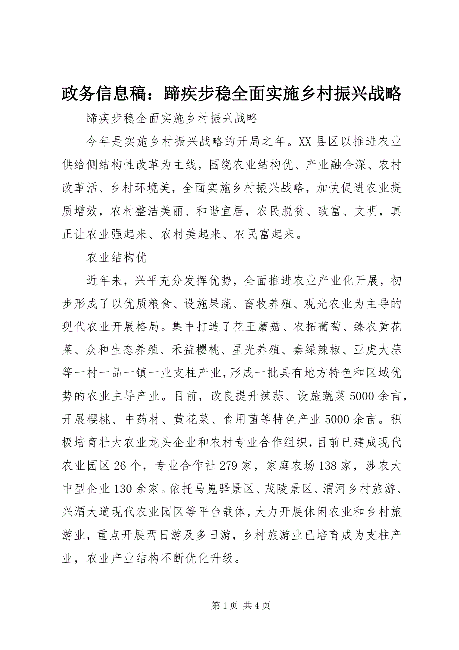 2023年政务信息稿蹄疾步稳全面实施乡村振兴战略.docx_第1页