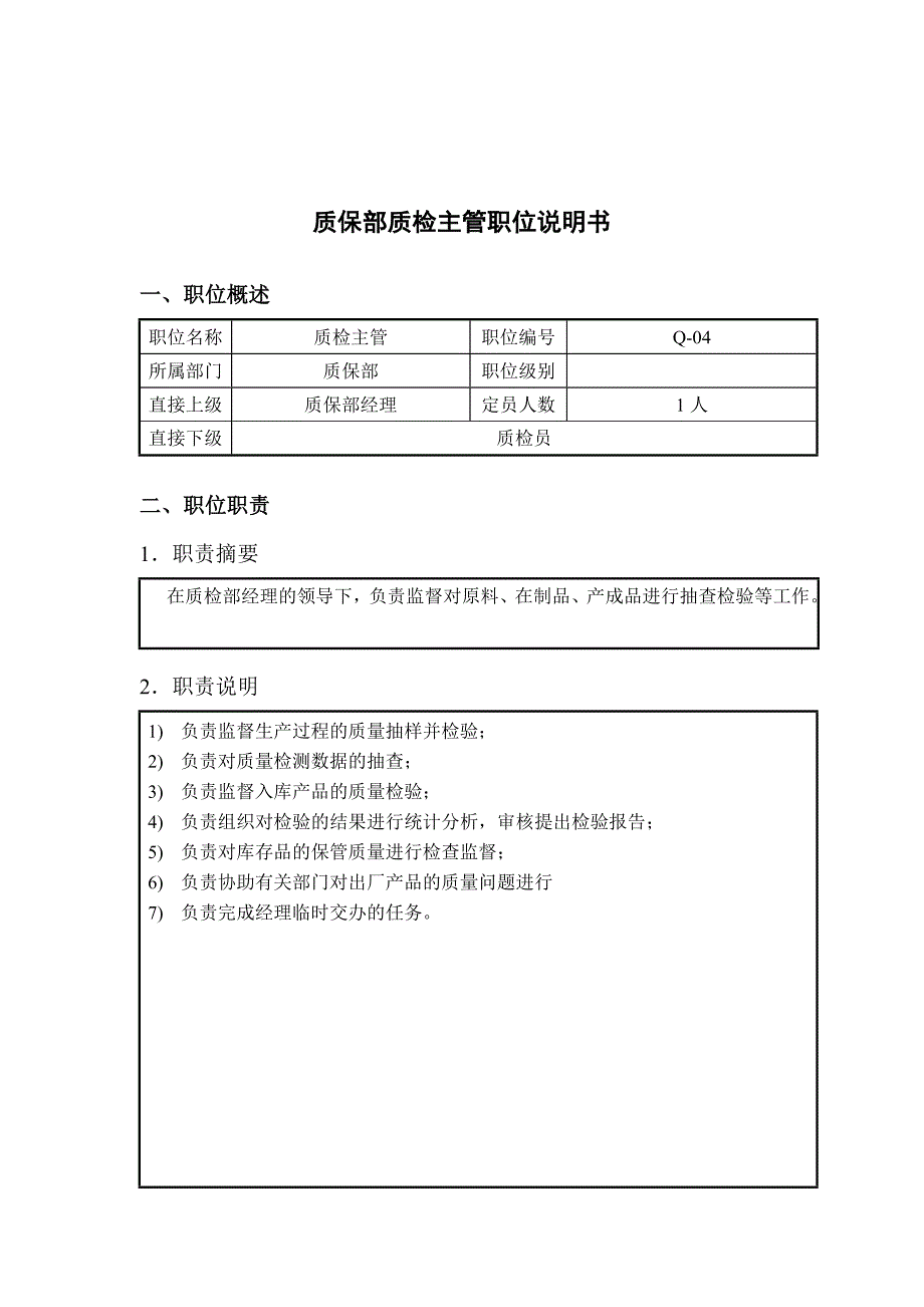 钢铁行业-质保部-质检主管岗位说明书_第1页