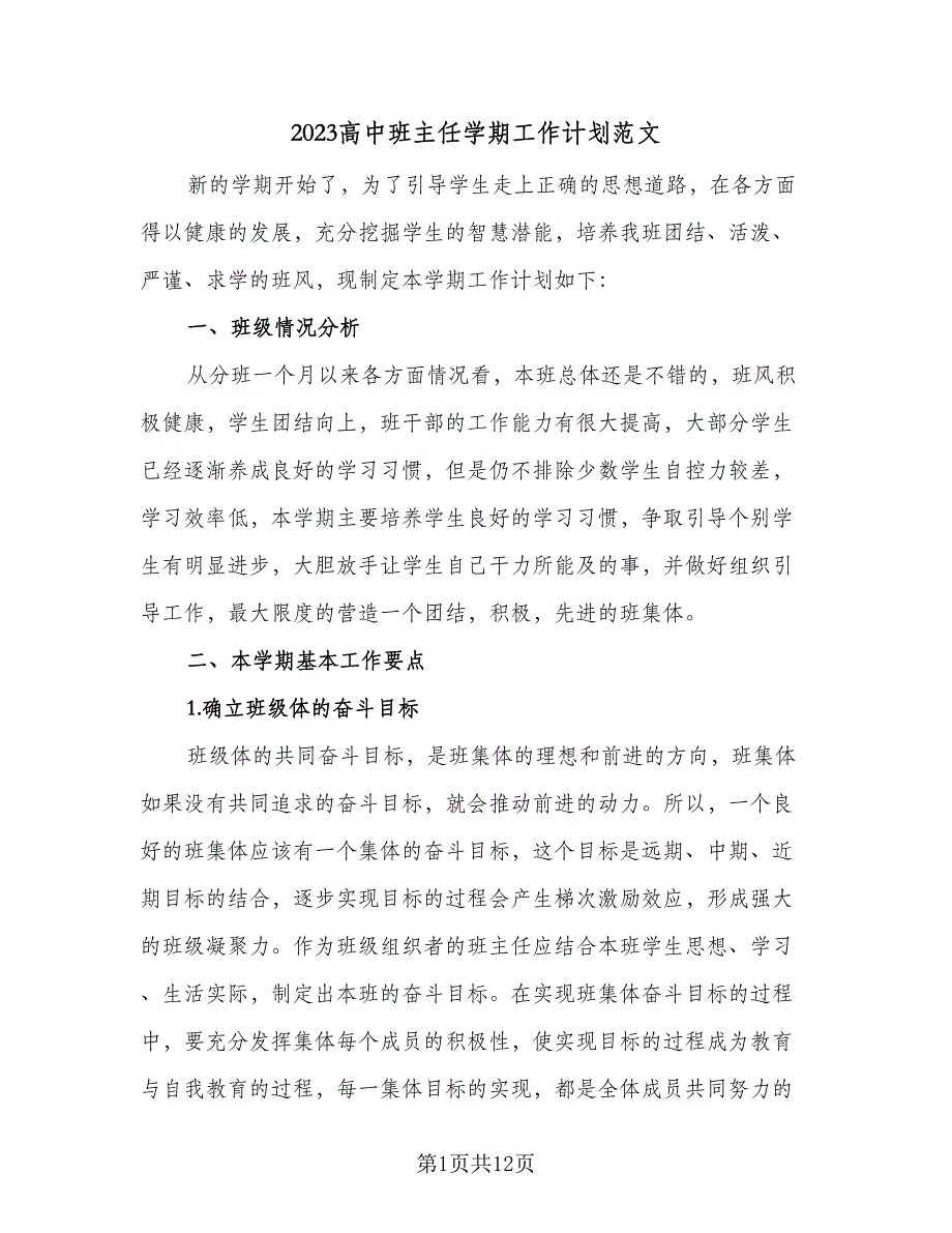 2023高中班主任学期工作计划范文（四篇）_第1页