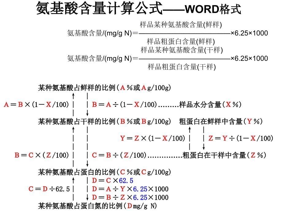 氨基酸含量计算公式(氨基酸占鲜样、干样、蛋白、蛋白氮的比例计算公式).ppt_第5页