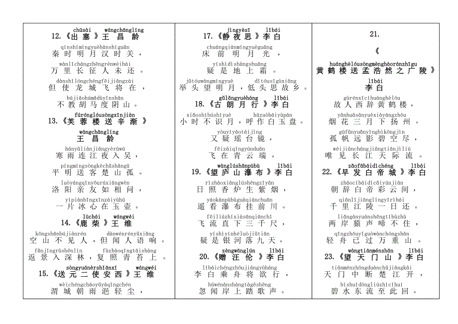 2013人教新课标小学生必背古诗75首(带拼音打印版)_第2页