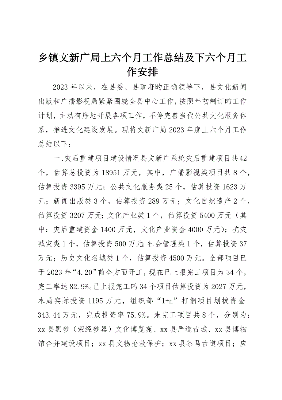 乡镇文新广局上半年工作总结及下半年工作安排_第1页