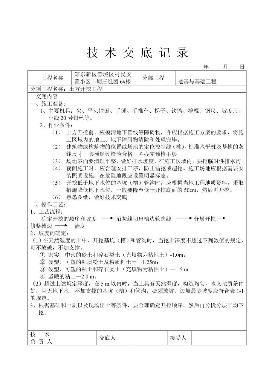 土方开挖工程技术交底记录_第1页