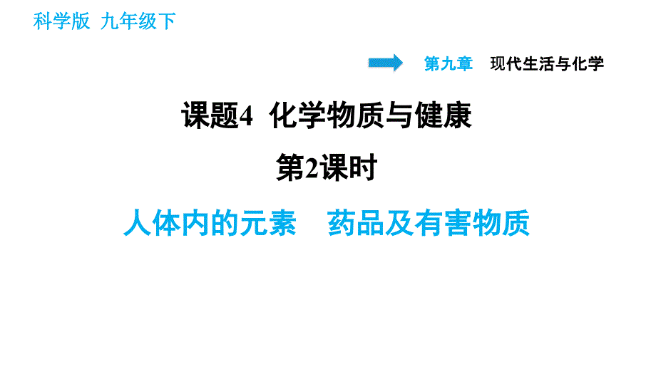 科学版九年级下册化学课件 第9章 9.4.2 人体内的元素　药品及有害物质_第1页